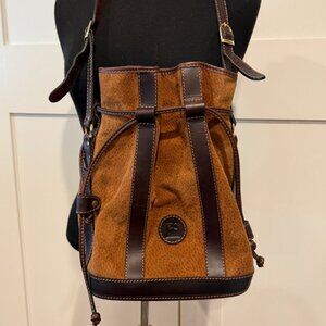 CS Cushes Brown Cognac Suede Leather Barrel Drawstring Purse Bag